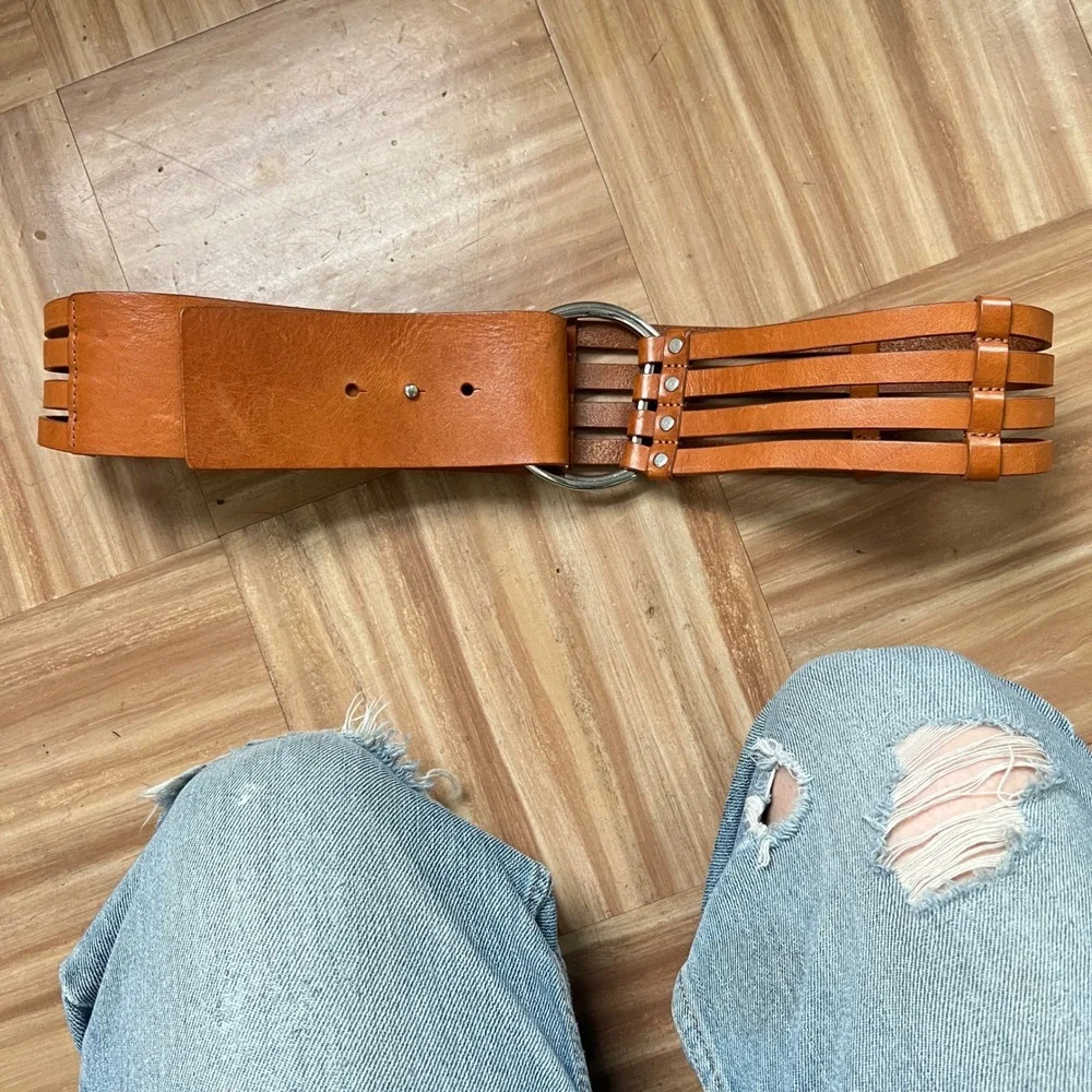 Vintage Banana Republic Cage Belt Large Brown Leather O-Ring Boho Y2K Wide Thick